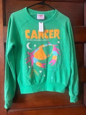 Anthropologie Green Zodiac Sweatshirt with Yellow Graphic Lettering